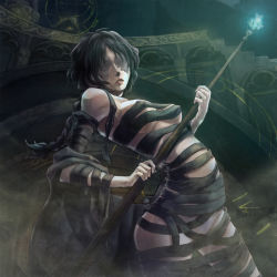  1boy 1girl arched_back bad_anatomy bad_id bad_pixiv_id bandages black_hair braid breasts cape demon&#039;s_souls dress from_software long_hair maiden_in_black patches_(from_software) sericco single_braid staff wardrobe_malfunction yori_(pixiv257595) 