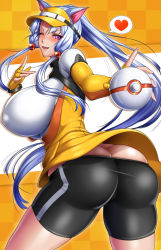 1girl animal_ears ass bike_shorts blush breasts butt_crack cat_ears creatures_(company) from_behind game_freak highres holding holding_poke_ball huge_ass huge_breasts long_hair looking_at_viewer nintendo open_mouth original poke_ball pokemon ponytail purple_eyes shiboru shiny_clothes shiny_skin sideboob smile solo thick_thighs thighs touhoku_itako very_long_hair voiceroid white_hair 