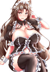  1girl alternate_costume animal_ears black_thighhighs blush breasts brown_hair cleavage enmaided frills highres huge_breasts imaizumi_kagerou long_hair looking_at_viewer maid maid_headdress navel parted_lips red_eyes simple_background sitting solo thighhighs touhou tsurime very_long_hair white_background wolf_ears wrist_cuffs zan_(harukahime) 