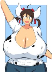  1girl ahoge animal_print blue_background breasts cleavage collarbone cow_girl cow_horns cow_print denim dot_nose gigantic_breasts hair_ribbon highres horns huge_breasts looking_at_viewer momijizx open_mouth pants red_ribbon ribbon salute shirt smile solo standing sukimi thick_thighs thighs white_background white_shirt wide_hips 