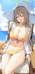  1girl ^_^ arms_at_sides beach beach_chair bikini bikini_pull blue_archive blue_sky blush breasts cleavage closed_eyes clothes_pull cloud collarbone commentary_request day ddangbi dot_nose front-tie_top halo halterneck hat heart highres large_breasts light_brown_hair long_hair long_sleeves looking_at_viewer navel nonomi_(blue_archive) nonomi_(swimsuit)_(blue_archive) ocean official_alternate_costume on_chair open_clothes open_mouth open_shirt outdoors pulled_by_self sand see-through see-through_shirt see-through_sleeves sidelocks sitting sky smile solo stomach string_bikini sun_hat swimsuit thighs water wavy_hair white_hat wristband yellow_bikini  rating:Sensitive score:36 user:danbooru