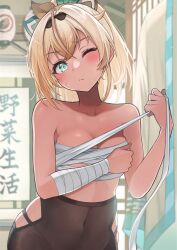  1girl @-you_(you_2023_8_16) ahoge arm_wrap bare_shoulders black_hairband black_shorts blonde_hair blue_eyes blurry blurry_background bow breasts chest_sarashi cleavage commentary_request covered_navel crossed_bangs double-parted_bangs hair_between_eyes hair_bow hairband hand_on_own_chest head_tilt high-waist_shorts highres hip_vent hololive indoors kazama_iroha kazama_iroha_(1st_costume) medium_breasts medium_hair multicolored_bow one_eye_closed ponytail sarashi see-through_shorts shorts skin_tight solo standing virtual_youtuber wrapping 