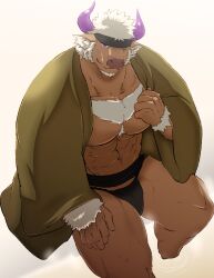  1boy abs alternate_costume animal_ears bara black_fundoshi brown_fur chest_hair closed_mouth clothes_pull commentary cow_ears cow_horns facial_hair feet_out_of_frame fundoshi furry furry_male goatee green_headband green_kimono headband highres horns japanese_clothes kimono large_pectorals looking_at_viewer male_focus minotaur muscular muscular_male navel one_eye_closed open_clothes open_kimono partially_submerged pectorals purple_eyes purple_horns samoji_(beastlover) shennong_(housamo) short_hair smile solo thick_chest_hair thick_thighs thighs tokyo_houkago_summoners white_background white_fur white_hair 