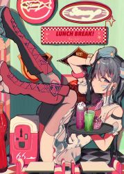  1girl alternate_costume black_ribbon boots cola cup cupcake drink food garrison_cap gloves grey_hair hair_ornament hat highres kantai_collection knee_boots long_hair ribbon scamp_(kancolle) shamomo side_ponytail soda solo star_(symbol) star_hair_ornament 