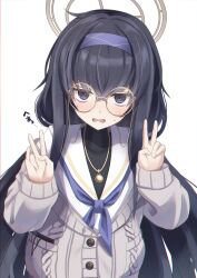  1girl bags_under_eyes black_eyes black_hair blue_archive blue_hairband blush cardigan double_v glasses grey_cardigan hairband halo highres jewelry long_hair looking_at_viewer low_twintails necklace open_mouth round_eyewear sailor_collar school_uniform serafuku simple_background solo twintails ui_(blue_archive) v white_background white_sailor_collar xaiqi yellow-framed_eyewear  rating:General score:6 user:danbooru