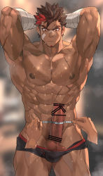  armpits bandage_on_face bandaged_arm bandages bar_censor bara bulge censored dark_skin erection erection_under_clothes highres large_pectorals male_focus muscular nikism nipples pectorals penis red_eyes scar spiked_hair standing tagme tape_measure thighs yaoi  rating:Explicit score:17 user:Now_Taken_Username