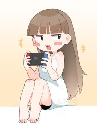  1girl :3 anatomy_of_a_gamer_(meme) bare_legs barefoot blue_dress blunt_bangs blush blush_stickers brown_eyes brown_hair child_gf_(orenji) dress fang feet full_body handheld_game_console holding holding_handheld_game_console loli long_hair looking_to_the_side nintendo_switch open_mouth panties sitting solo spread_toes toes underwear v-shaped_eyebrows watermark white_dress  rating:Sensitive score:34 user:ninoninopico