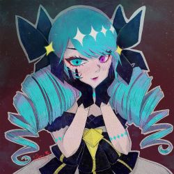 1girl artist_name black_bow black_dress blue_hair blush bow breasts brown_background dress drill_hair fangs ge_tai_(getail) green_eyes grey_dress gwen_(league_of_legends) hair_bow hands_up heterochromia highres league_of_legends long_hair looking_at_viewer open_mouth pink_eyes puffy_short_sleeves puffy_sleeves short_sleeves smile solo twin_drills twintails rating:Sensitive score:1 user:danbooru