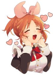  10s 1girl :3 abe_nana breasts brown_hair hair_ribbon hands_on_own_cheeks hands_on_own_face heart highres idolmaster idolmaster_cinderella_girls juliet_sleeves long_sleeves maid neko-san_(dim.dream) open_mouth pink_ribbon ponytail puffy_sleeves ribbon ribbon_trim short_hair simple_background smile solo upper_body white_background  rating:Sensitive score:8 user:danbooru