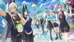  1girl 6+boys :d absurdres aether_(genshin_impact) aircraft alhaitham_(genshin_impact) alternate_costume amaichi_esora animal_ears antenna_hair aqua_bow aqua_ribbon arama_(genshin_impact) aranara_(genshin_impact) ararycan_(genshin_impact) arm_behind_back arm_up art_brush bag balloon beret bird black_choker black_footwear black_hair black_hairband black_headwear black_jacket black_pants black_pantyhose black_shirt black_shorts black_skirt black_socks black_vest black_wristband blonde_hair blue_eyes blue_flower blue_hoodie blue_sky blunt_bangs blunt_ends bow box braid bucket buttons cable carousel cat_ears cat_girl cat_tail choker churro closed_mouth cloud collarbone collared_shirt commentary cotton_candy cup cyno_(genshin_impact) dark-skinned_male dark_skin day disposable_cup drinking_straw earrings eating english_commentary expressionless eyepatch facial_mark fake_animal_ears feather_hair_ornament feathers ferris_wheel flower food food_on_face fountain fox_boy fox_ears fox_tail freckles freminet_(genshin_impact) frilled_skirt frills fungi_(genshin_impact) genshin_impact green_eyes green_hair green_jacket grey_hair grin hair_between_eyes hair_ornament hair_over_one_eye hairband hand_on_own_hip hand_up hands_up hat headphones headphones_around_neck high-waist_skirt highres holding holding_balloon holding_cup holding_food holding_map hood hood_down hoodie hot_air_balloon huge_bow hydro_eidolon_(genshin_impact) ice_cream ice_cream_cone jackal_ears jacket jewelry kaveh_(genshin_impact) lapels leg_up long_hair long_sleeves looking_at_viewer low_ponytail lynette_(genshin_impact) lyney_(genshin_impact) map mehrak_(genshin_impact) multicolored_hair multiple_boys napkin neck_ribbon on_head one_eye_closed one_eye_covered open_clothes open_jacket open_mouth outdoors outstretched_arm paimon_(genshin_impact) paintbrush pants pantyhose parted_bangs parted_lips ponytail purple_eyes purple_flower red_eyes red_headwear red_ribbon ribbon rishboland_tiger_(genshin_impact) sailor_collar sandwich scaramouche_(genshin_impact) selfie shadow shirt shoes short_hair short_sleeves shorts shoulder_bag sidelocks single_earring skirt sky slime_(genshin_impact) smile socks sparkle standing star_(symbol) star_facial_mark streaked_hair suspender_skirt suspenders sweatdrop swept_bangs tail tassel teardrop_facial_mark teeth tighnari_(genshin_impact) tilted_headwear tree upper_teeth_only usekh_collar v-shaped_eyebrows vest viewfinder wanderer_(genshin_impact) water white_footwear white_hair white_sailor_collar white_shirt wing_collar witch_hat wooden_box wristband 