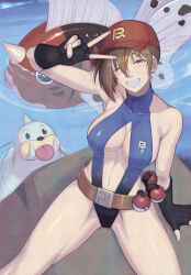  1girl 2others absurdres arm_support asymmetrical_hair belt belt_buckle black_gloves blue_one-piece_swimsuit blush breasts brown_belt brown_hair buckle collarbone commentary_request creatures_(company) curvy fingerless_gloves game_freak gen_1_pokemon gloves grin hat highres kikken looking_at_viewer misty_(pokemon) multiple_others nintendo one-piece_swimsuit one_eye_closed poke_ball poke_ball_(basic) pokemon pokemon:_the_electric_tale_of_pikachu red_hat seaking seel shiny_skin short_hair sideboob sitting slingshot_swimsuit smile swimsuit teeth v water wide_hips 