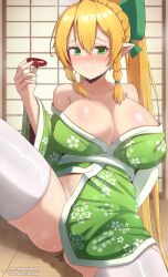  1girl blonde_hair blush bow braid breasts choko_(cup) cleavage collarbone cup curvy elf fairy_(sao) green_eyes green_kimono hair_between_eyes highres indoors japanese_clothes kimono large_breasts leafa long_hair looking_at_viewer mizmillificent no_panties off_shoulder patreon_username pointy_ears ponytail pussy_juice smile steam sweat sword_art_online tatami thighhighs thighs twin_braids twitter_username wet white_thighhighs  rating:Questionable score:6 user:Mizorae