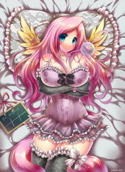1girl aqua_eyes artist_name bed_sheet blush breasts elbow_gloves emperpep fluttershy frilled_pillow frills glass gloves huge_breasts long_hair looking_at_viewer lying my_little_pony my_little_pony:_friendship_is_magic on_back personification pillow pink_hair smile solo tail thighhighs wings rating:Sensitive score:86 user:danbooru