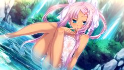 1girl :p ass blue_eyes camisole dark-skinned_female dark_skin day flat_chest game_cg hair_ornament hairclip hand_to_own_mouth highres hikage_eiji knees_together_feet_apart koihime_musou leaning_back legs loli long_hair looking_at_viewer naughty_face nipples no_pants outdoors panties partially_submerged pink_camisole ribbon see-through side-tie_panties sitting smile solo sonshoukou striped_clothes striped_panties thighs tongue tongue_out twintails underwear very_long_hair water waterfall wet wet_clothes rating:Questionable score:38 user:danbooru
