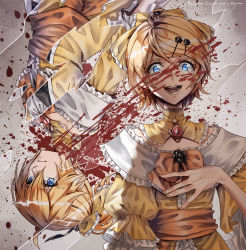 1boy 1girl aku_no_meshitsukai_(vocaloid) aku_no_musume_(vocaloid) allen_avadonia ascot blonde_hair blood blood_on_face blood_splatter blood_stain blue_eyes bow broken_mirror brother_and_sister brown_jacket choker crossdressing dress edo-sama evil_eyes evil_smile evillious_nendaiki flower frilled_dress frills hair_bow hair_ornament hairclip hand_on_own_chest highres jacket juliet_sleeves kagamine_len kagamine_rin laughing long_sleeves mirror nail_polish puffy_sleeves riliane_lucifen_d&#039;autriche rose serious shards siblings smile twins updo upside-down vocaloid yellow_dress yellow_jacket yellow_nails rating:Sensitive score:2 user:danbooru
