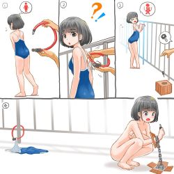 !? &gt;_&lt; 1girl :o ^^^ assisted_exposure bare_arms bare_legs bare_shoulders barefoot bdsm bicycle_lock black_eyes black_hair blue_one-piece_swimsuit blush bondage bound box breasts chain clever comic competition_school_swimsuit completely_nude covering_privates covering_breasts cuffs d: embarrassed feet fence flying_sweatdrops furrowed_brow handcuffs have_to_pee himeshaga humiliation key left-to-right_manga looking_down medium_breasts nude numbered_panels one-piece_swimsuit one-piece_swimsuit_removed open_mouth original parted_lips prank predicament_bondage railing school_swimsuit short_hair silent_comic speech_bubble spoken_object squatting standing stuck swimsuit thought_bubble unworn_clothes unworn_swimsuit rating:Questionable score:491 user:danbooru