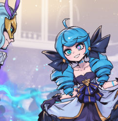 1boy 1girl ahoge black_bow black_dress black_gloves bow breasts character_request cleavage clothes_lift collarbone dress dress_lift drill_hair gloves green_eyes green_hair grey_dress grin gwen_(league_of_legends) hair_bow holding holding_clothes holding_dress indoors league_of_legends long_hair looking_at_another mask phantom_ix_row shiny_clothes small_breasts smile solo_focus teeth twin_drills twintails rating:Sensitive score:5 user:danbooru