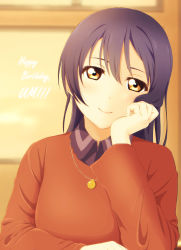 1girl absurdres arm_support birthday blue_hair blush character_name closed_mouth commentary_request dated english_text hair_between_eyes hand_on_own_cheek hand_on_own_face hand_up happy_birthday head_rest head_tilt highres indoors jewelry kimikagem9_(erementargerad) long_hair long_sleeves looking_at_viewer love_live! love_live!_school_idol_festival love_live!_school_idol_project necklace simple_background sitting smile solo sonoda_umi upper_body yellow_eyes rating:Sensitive score:1 user:danbooru