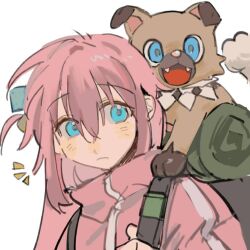  1girl backpack bag blue_eyes bocchi_the_rock! closed_mouth creatures_(company) cube_hair_ornament dog game_freak gen_7_pokemon gotoh_hitori hair_ornament highres jacket lingyi long_hair nintendo notice_lines pink_hair pink_jacket pokemon pokemon_(creature) rockruff simple_background solo upper_body white_background 