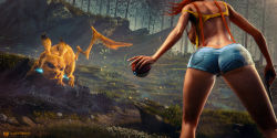  1girl 3d absurdres ass back back_tattoo backboob breasts butt_crack colorbleed_studios creatures_(company) crop_top denim denim_shorts electricity female_focus forest full_body game_freak gen_1_pokemon grass gun handgun highres holding holding_poke_ball holding_weapon large_breasts misty_(pokemon) nature nintendo no_bra orange_hair outdoors pikachu poke_ball pokemon pokemon_(anime) pokemon_(classic_anime) pokemon_(creature) realistic revealing_clothes revolver shirt short_shorts shorts sideboob strap_slip suspenders tail tattoo teeth thighs tramp_stamp tree watermark weapon whiskers yellow_shirt 