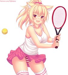 animal_ear_fluff animal_ears ass ball blonde_hair blush breasts cat_ears cleavage commentary cowboy_shot english_commentary highres long_hair looking_at_viewer medium_breasts nottytiffy open_mouth original panties pink_skirt ponytail racket red_eyes skirt slit_pupils solo striped_clothes striped_panties tank_top tennis_ball tennis_racket thighhighs tiffy_(nottytiffy) underwear watermark web_address white_background white_thighhighs rating:Questionable score:28 user:danbooru