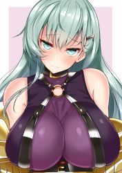 1girl aqua_eyes aqua_hair blush bodysuit border breasts claw_(weapon) closed_mouth collar cosplay embarrassed fate/extra fate/extra_ccc fate_(series) hair_ornament hairclip highres huge_breasts impossible_clothes kantai_collection long_hair looking_at_viewer o-ring o-ring_top outside_border passion_lip passion_lip_(cosplay) purple_background sankakusui_(deltawhite) sketch sleeveless solo strap suzuya_(kancolle) wavy_mouth weapon white_border rating:Questionable score:9 user:danbooru