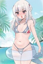  1girl absurdres alternate_breast_size belly bikini blue_bikini blue_hair blunt_bangs blush breasts cleavage cowboy_shot dutch_angle fang female_focus fins fish_tail gawr_gura grey_hair heart heart-shaped_pupils highres hololive hololive_english innertube long_hair medium_breasts meiwowowo ocean open_mouth palm_tree shark_girl shark_tail sidelocks solo solo_focus striped_bikini striped_clothes swim_ring swimsuit symbol-shaped_pupils tail thigh_gap thighs tree two_side_up virtual_youtuber  rating:Sensitive score:68 user:Direct_Miss