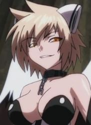  1girl blonde_hair breasts collar grin harpy_1 large_breasts lowres short_hair smile solo sora_no_otoshimono wings yellow_eyes  rating:Questionable score:9 user:graykit029