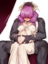  1boy 1girl aura_(sousou_no_frieren) blush braid breasts clothed_female_nude_male demon_girl doppel_(bonnypir) dress faceless faceless_male hair_over_eyes hands_on_another&#039;s_stomach heart hetero highres horns medium_breasts nose_blush nude pregnant purple_hair quad_braids simple_background sitting sousou_no_frieren spread_legs white_dress  rating:Questionable score:33 user:danbooru