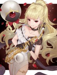  1girl adapted_costume bare_shoulders black_gloves blonde_hair closed_mouth collarbone commentary commission detached_collar dress earrings eitri_(fire_emblem) english_commentary evil_smile falling_petals fire_emblem fire_emblem_heroes frilled_dress frills gloves haru_(nakajou-28) highres holding holding_instrument instrument jewelry long_hair nintendo petals ponytail prehensile_hair red_eyes rose_petals saxophone second-party_source skeb_commission smile solo very_long_hair wavy_hair white_dress  rating:General score:9 user:danbooru