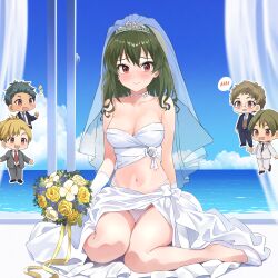  1girl 4boys absurdres aged_up b1ack_illust bare_legs bikini bouquet breasts bridal_veil brother_and_sister chibi chibi_inset choker cleavage collarbone commentary_request commission flower gloves green_hair highleg highleg_bikini highres holding holding_bouquet idolmaster idolmaster_million_live! indoors looking_at_viewer medium_breasts medium_hair multiple_boys nagayoshi_subaru nagayoshi_subaru&#039;s_brother navel panties pixiv_commission red_eyes sarong siblings sitting spoken_blush stomach swimsuit tiara underwear veil wariza white_bikini white_choker white_footwear white_gloves white_sarong 