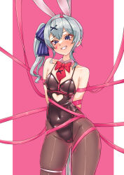  1girl absurdres animal_ears arms_behind_back black_leotard blue_eyes blue_hair bow bowtie breasts clothing_cutout cosplay covered_navel detached_collar fake_animal_ears grin hair_ornament hatsune_miku hatsune_miku_(cosplay) heart_cutout highleg highleg_leotard highres hololive hoshimachi_suisei leotard long_hair nyang-kaz pantyhose pillarboxed pink_background pink_ribbon playboy_bunny pole rabbit_ears rabbit_hole_(vocaloid) red_bow red_bowtie restrained ribbon side_ponytail simple_background small_breasts smile solo standing stripper_pole teardrop_facial_mark thigh_strap virtual_youtuber vocaloid x_hair_ornament 