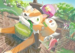  basket bewear commentary_request creatures_(company) day drifloon emphasis_lines fang game_freak gen_4_pokemon gen_7_pokemon grass green_eyes highres lycanroc mokukitusui mouth_hold nintendo oranguru outdoors pokemon pokemon_(creature) riding riding_pokemon rowlet sky stairs treehouse 