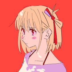  1girl bad_id bad_twitter_id blonde_hair closed_mouth hair_between_eyes hair_ribbon highres kerorira looking_ahead lycoris_recoil nishikigi_chisato red_background red_eyes red_ribbon ribbon short_hair simple_background solo upper_body 