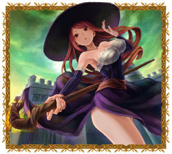 1girl bare_shoulders breasts cleavage detached_sleeves dragon&#039;s_crown hat highres large_breasts long_hair metalinu red_eyes red_hair solo sorceress_(dragon&#039;s_crown) staff witch_hat 