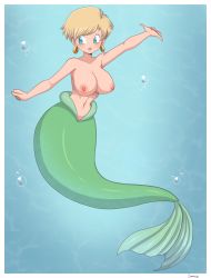  1girl absurdres alternate_species blonde_hair blue_eyes dragon_ball dragonball_z erasa_(dragon_ball) fins fish_tail green_tail highres mermaid mermaid_tail mermaid_transformation monster_girl nipples simmsy tail underwater  rating:Questionable score:22 user:marcoricoso