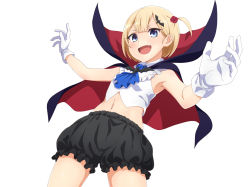 1girl armpits ascot blonde_hair blouse blue_ascot blue_eyes blunt_bangs cowboy_shot from_below gloves halloween halloween_costume ookanehira open_mouth original shirt simple_background sleeveless sleeveless_shirt solo standing v-shaped_eyebrows virtual_youtuber white_background white_gloves