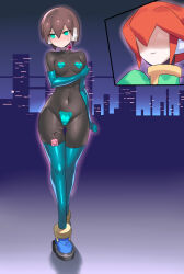  2girls aile_(mega_man_zx) arm_under_breasts black_bodysuit blue_footwear blue_gloves blue_thighhighs blush bodysuit breasts brown_hair cameltoe commentary_request covered_collarbone covered_erect_nipples covered_navel elbow_gloves gloves green_eyes green_shirt heart_collar heart_pasties highres holding_own_arm maebari medium_breasts mega_man_(series) mega_man_zx multiple_girls night no_eyes original outdoors pasties robot_ears sex_toy shaded_face shirt shoes short_hair smirk thighhighs ukimukai 