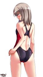 10s 1girl artist_name ass black_one-piece_swimsuit blue_eyes blush commentary_request competition_swimsuit cowboy_shot dated from_behind girls_und_panzer highres itsumi_erika long_hair looking_at_viewer looking_back one-piece_swimsuit silver_hair simple_background solo standing swimsuit tsuchimiya white_background rating:Sensitive score:22 user:danbooru