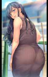 1girl a.x. absurdres arm_at_side ass black_dress black_hair blue_eyes blurry blurry_background blush bra_visible_through_clothes breasts commentary_request day depth_of_field derivative_work dress from_behind highres large_breasts long_hair looking_at_viewer looking_back original outdoors panties see-through see-through_dress sleeveless sleeveless_dress solo standing thong underwear rating:Questionable score:97 user:danbooru