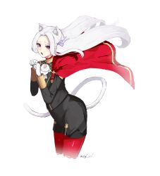  1girl absurdres animal_ear_fluff animal_ears cape cat_ears cat_tail commentary cropped_legs edelgard_von_hresvelg english_commentary eyelashes fire_emblem fire_emblem:_three_houses furrowed_brow garreg_mach_monastery_uniform gloves hair_intakes highres kemonomimi_mode long_hair nintendo open_mouth pantyhose paw_pose purple_eyes red_cape red_pantyhose simple_background solo syl_2v tail white_background white_gloves white_hair 