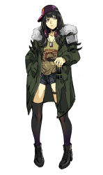 1girl ankle_boots baseball_cap black_footwear black_thighhighs blue_shorts boots can closed_mouth clothes_writing coat copyright_request dog_tags full_body fur-trimmed_coat fur_trim green_coat guan_yu hand_in_pocket hat headphones headphones_around_neck highres holding holding_can long_sleeves monster_energy open_clothes open_coat pigeon-toed print_shirt purple_hat ruukii_drift shirt short_shorts shorts sideways_hat simple_background solo standing thigh_strap thighhighs white_background yellow_shirt