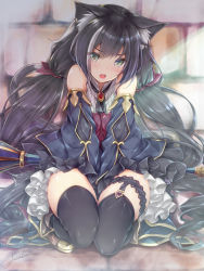 1girl animal_ear_fluff animal_ears black_hair black_thighhighs blush bridal_garter cat_ears commentary_request detached_sleeves green_eyes hair_ribbon highres karyl_(princess_connect!) long_hair looking_at_viewer low_twintails luna_lia multicolored_hair open_mouth princess_connect! red_ribbon ribbon signature solo staff streaked_hair thighhighs twintails white_hair 