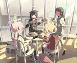  4girls after-school_sweets_club_(blue_archive) ahoge airi_(blue_archive) animal_ears black_footwear black_hair black_jacket black_sailor_collar black_thighhighs blonde_hair blue_archive blush cake cardigan cat_ears chair closed_eyes colored_inner_hair doughnut extra_ears food fuyubone green_halo halo highres hood hood_down hooded_jacket jacket kazusa_(blue_archive) long_hair long_sleeves multicolored_hair multiple_girls natsu_(blue_archive) open_mouth parfait pink_hair pink_halo pink_skirt pleated_skirt red_jacket sailor_collar shoes short_hair side_ponytail sitting skirt smile swiss_roll table thighhighs twintails white_cardigan white_skirt white_thighhighs yellow_halo yoshimi_(blue_archive) 