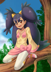  1girl :d arm_support black_hair blush bow breasts capri_pants collarbone commentary_request creatures_(company) day els_(ljhlee12) eyelashes game_freak highres iris_(pokemon) korean_commentary long_hair long_sleeves low-tied_long_hair nintendo open_mouth outdoors pants pink_bow pink_footwear pink_skirt pokemon pokemon_bw shirt shoes sitting_on_branch skirt sky small_breasts smile solo tree two_side_up white_pants yellow_shirt 