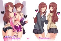 2girls absurdres ass back_tattoo bodycon bra bridal_gauntlets brown_hair butt_crack choker corruption earrings elbow_gloves embarrassed evil_smile finger_to_mouth fingerless_gloves fishnet_thighhighs fishnets flower gloves hair_flower hair_ornament heart heart_tattoo highres hotpants idolmaster idolmaster_shiny_colors jewelry latex latex_legwear licking_lips long_hair metallic_clothes multiple_girls nail_polish o-ring o-ring_choker osaki_amana osaki_tenka pink_bra pink_gloves pink_latex pink_nails pink_thighhighs revealing_clothes school_uniform shiny_clothes short_shorts shorts siblings sisters skirt smile tattoo thigh_strap thighhighs thong tongue tongue_out tramp_stamp translated twogie underwear whale_tail_(clothing) yellow_eyes  rating:Questionable score:123 user:danbooru