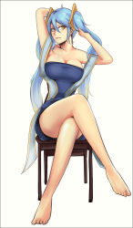  1girl barefoot blue_hair breasts brown_eyes feet highres large_breasts league_of_legends long_hair solo sona_(league_of_legends) twintails  rating:Sensitive score:89 user:xNero