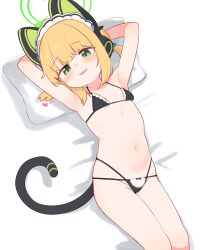  1girl absurdres adapted_costume animal_ear_headphones animal_ears armpits bare_arms bare_legs bare_shoulders bikini black_bikini blonde_hair blue_archive blush breasts cat_tail commentary english_commentary fake_animal_ears feet_out_of_frame green_eyes green_halo groin halo headphones heart highres lk149 loli looking_at_viewer lying maid maid_bikini maid_headdress midori_(blue_archive) midori_(maid)_(blue_archive) navel on_back open_mouth pillow short_hair small_breasts smile solo swimsuit tail unconventional_maid  rating:Questionable score:53 user:danbooru