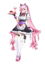  1girl :o absurdres ahoge animal_ears apron arm_cutout arm_support black_dress black_gloves blue_bow bow bowtie breasts cake cat_ears center_frills cleavage clothing_cutout cream cup detached_collar dress drink drinking_glass fake_animal_ears food footwear_bow frilled_apron frilled_dress frills fruit full_body garter_straps gloves hair_bow hair_ornament hand_up heart_apron heart_cutout high_heels highres holding holding_plate invisible_table kelezi leaning long_hair looking_ahead maid medium_breasts multicolored_hair original pink_apron pink_bow pink_bowtie pink_eyes pink_footwear pink_hair plaid plaid_apron plate pocky pouch puffy_short_sleeves puffy_sleeves purple_bow purple_wrist_cuffs short_dress short_sleeves solo split-color_hair standing star_(symbol) star_hair_ornament strawberry strawberry_cake tachi-e thigh_cutout thigh_pouch thighhighs twintails very_long_hair waist_apron white_background white_hair white_thighhighs wrist_cuffs zettai_ryouiki 