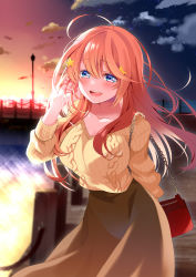  1girl absurdres ahoge arm_behind_back bag blue_eyes blush breasts brown_skirt cleavage cloud collarbone go-toubun_no_hanayome hair_ornament hand_in_own_hair handbag highres large_breasts long_hair long_sleeves looking_at_viewer nakano_itsuki open_mouth outdoors piyopoyo red_hair skirt smile solo sparkle star_(sky) star_(symbol) star_hair_ornament sunset sweater teeth upper_teeth_only yellow_sweater  rating:Sensitive score:9 user:danbooru